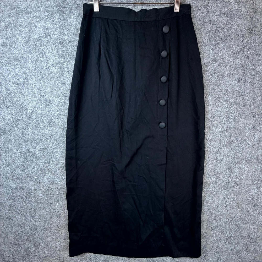 Vintage Midi Pencil Skirt Womens 11/12 Black Rayon 90s High Waisted Button Front